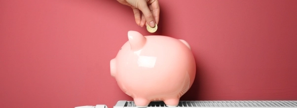 Sparschwein steht auf der Heizung als Symbol für Energieeinsparung